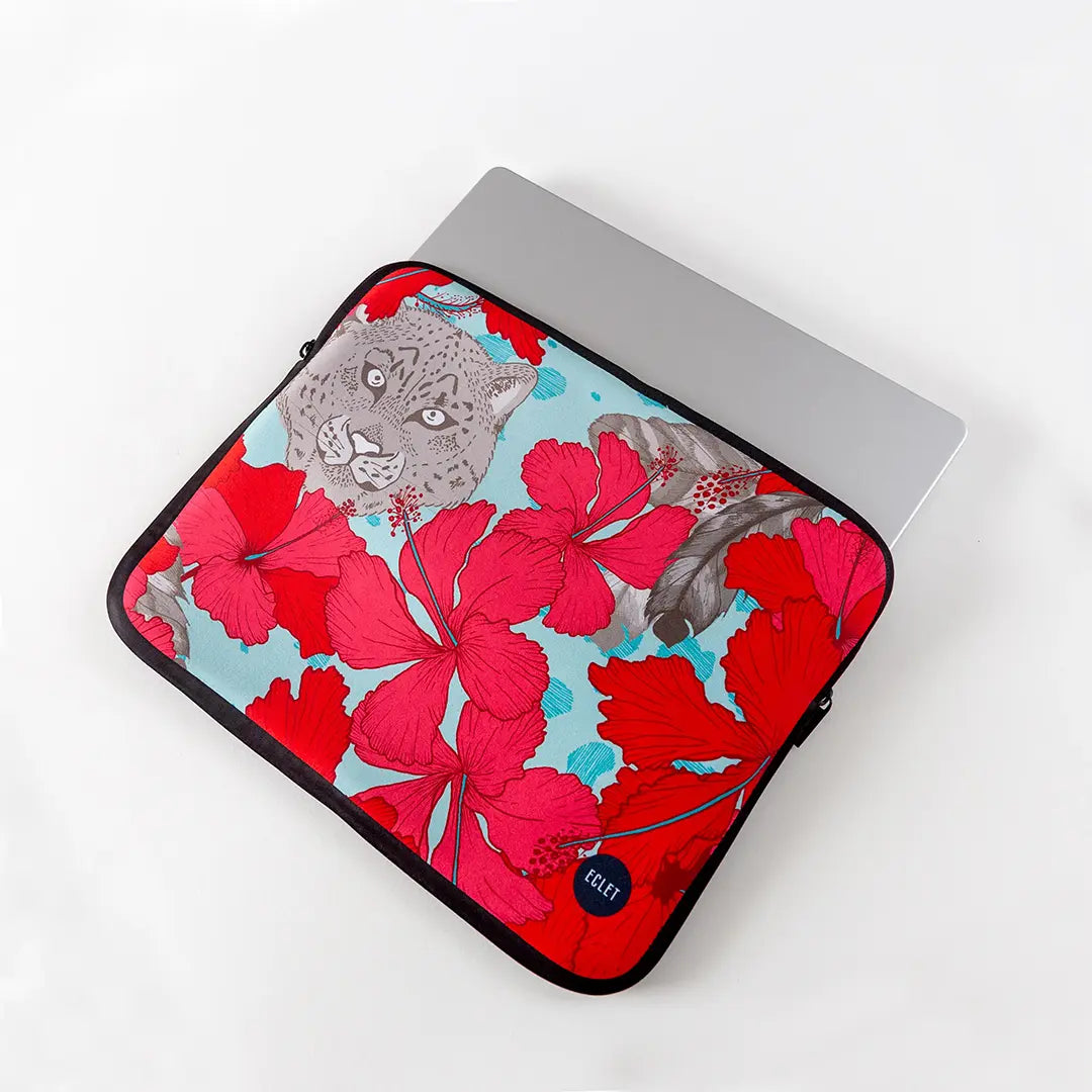 Funda para ordenador portátil de 13” y 15” de neopreno o porta documentos Hibisco Salvaje turquesa.